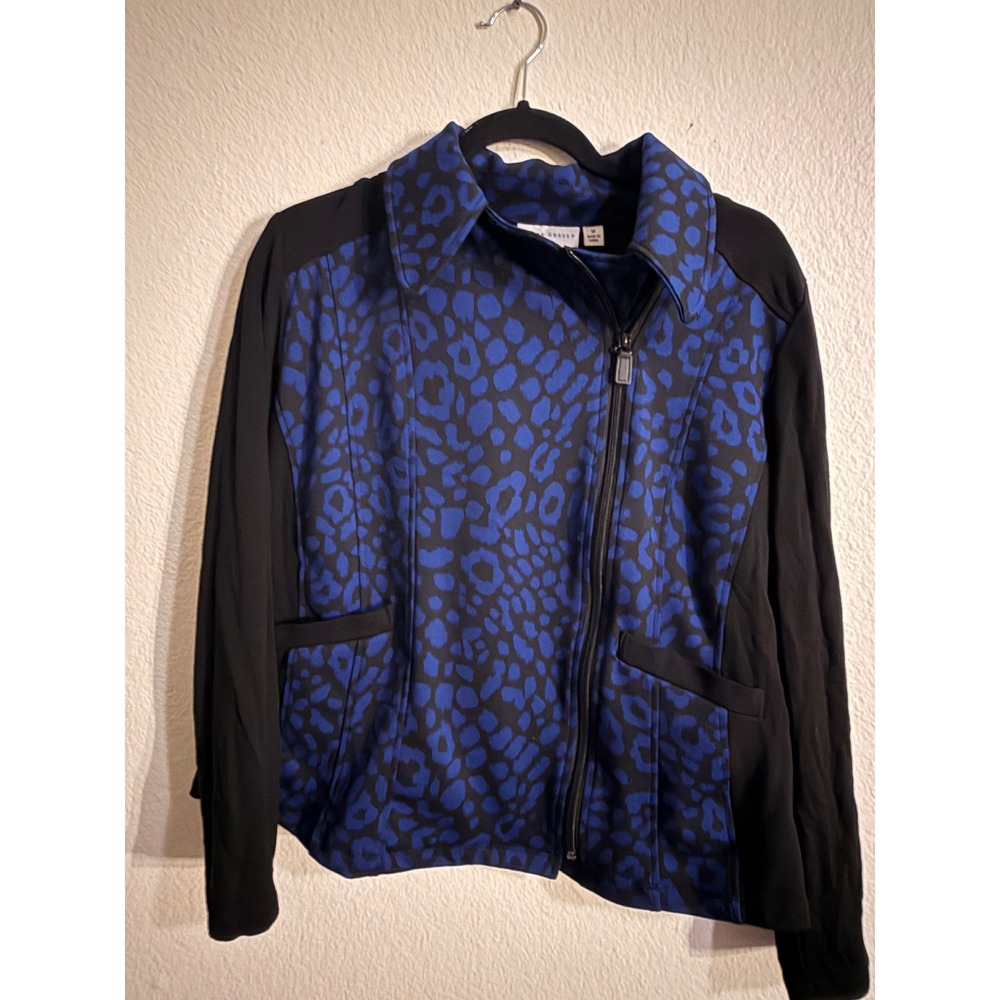 Susan graver medium zip up sweater blue and black with animal print